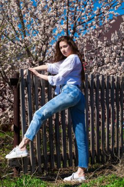 Çiçek açan kiraz ağacının arka planında, kot pantolonlu şık bir genç kızın tüm vücut portresi.