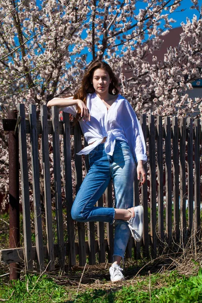 全身像の若いですスタイリッシュな女の子で青いジーンズで桜の花の背景 — ストック写真