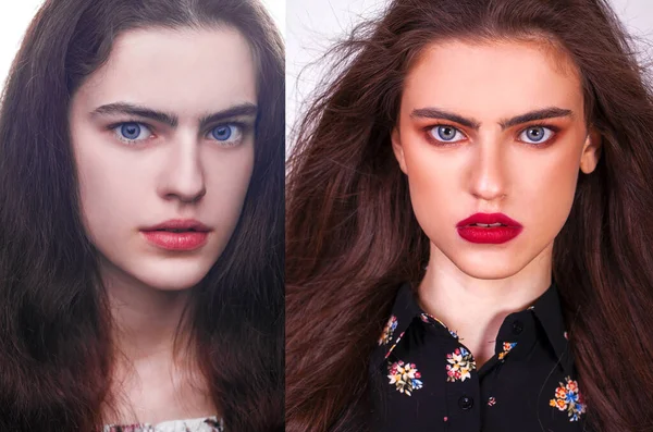 Maquillaje Belleza Cara Femenina Primer Plano Retrato Una Joven Hermosa —  Fotos de Stock