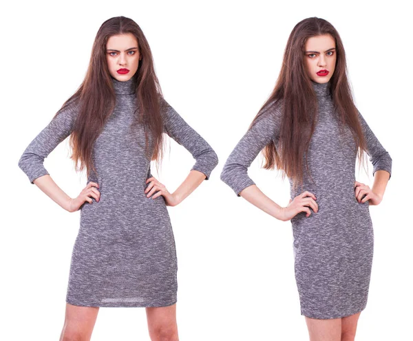 Portrait Young Beautiful Girls Knitted Tight Fitting Gray Dress Posing — Stock Photo, Image