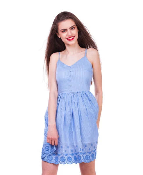 Close Retrato Uma Jovem Bela Mulher Morena Feliz Vestido Azul — Fotografia de Stock