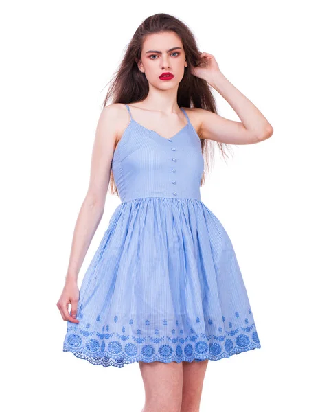 Close Retrato Uma Jovem Bela Mulher Morena Feliz Vestido Azul — Fotografia de Stock