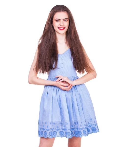 Close Retrato Uma Jovem Bela Mulher Morena Feliz Vestido Azul — Fotografia de Stock