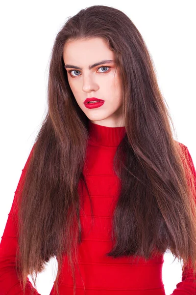 Retrato Cerca Una Joven Hermosa Vestido Rojo Aislado Sobre Fondo — Foto de Stock