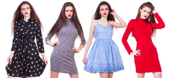 Collage Young Beautiful Girls Various Summer Dresses Posing Studio White — Stock Photo, Image