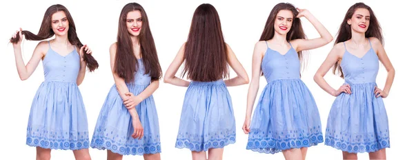 Collage Junge Schöne Mädchen Verschiedenen Sommerkleidern Posieren Studio Auf Weißem — Stockfoto