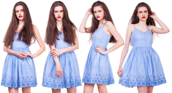 Kolaj Farklı Yaz Elbiseleriyle Genç Güzel Kızlar Stüdyoda Poz Veriyorlar — Stok fotoğraf