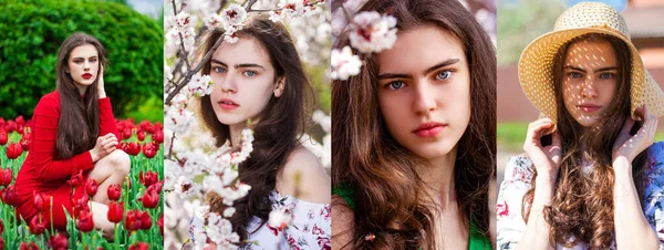 Collage Retrato Una Joven Morena Hermosa Primavera Aire Libre — Foto de Stock