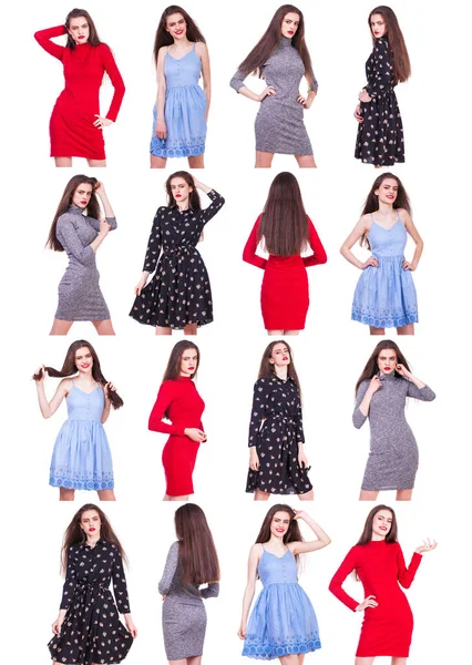 Collage Young Beautiful Girls Various Summer Dresses Posing Phoebe Isolated — Stock Photo, Image
