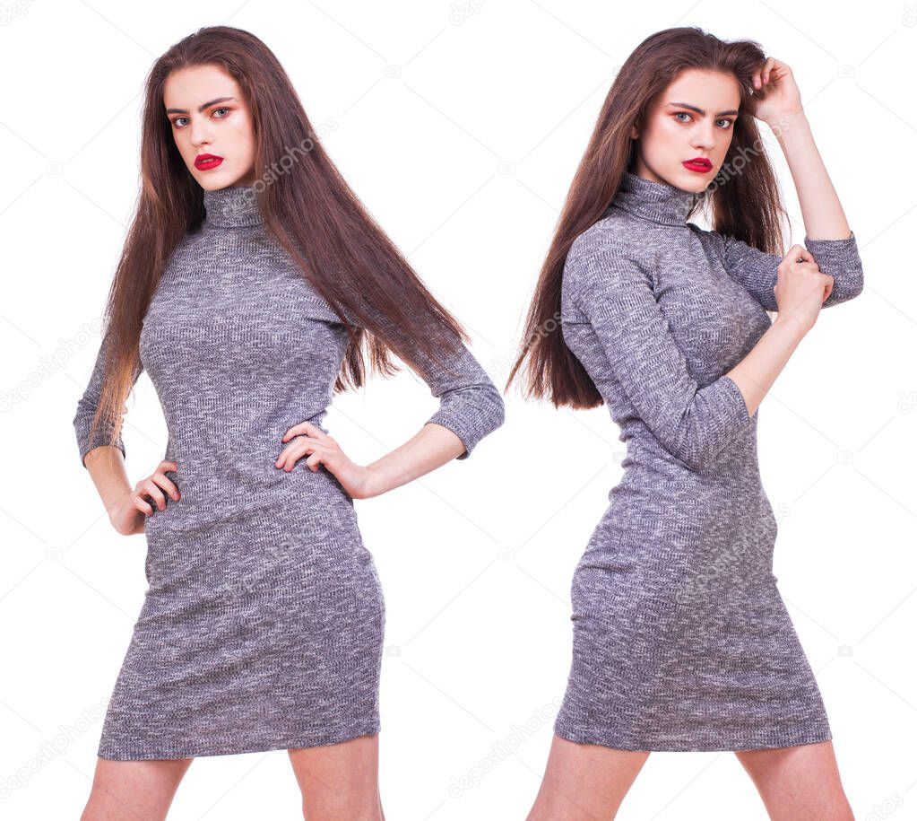 Collage - young beautiful girls in various summer dresses posing in the studio on a white isolated background