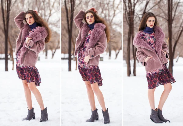 Collage Retrato Una Joven Hermosa Adolescente Parque Invierno — Foto de Stock