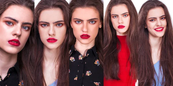 Collage Gör Upp Skönhet Kvinnliga Ansikte Närbild Porträtt Ung Vacker — Stockfoto