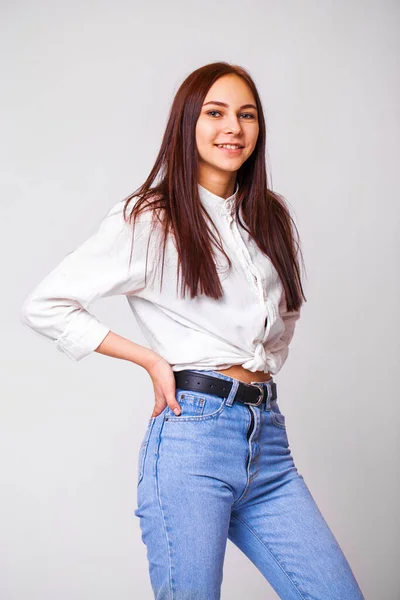 Closeup Portrait Young Beautiful Girl Blue Jeans Isolated Gray Background — Stock Photo, Image