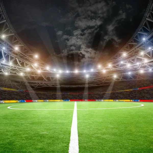 Soccer field with green grass and lights — Stock Photo © jonson 133017258