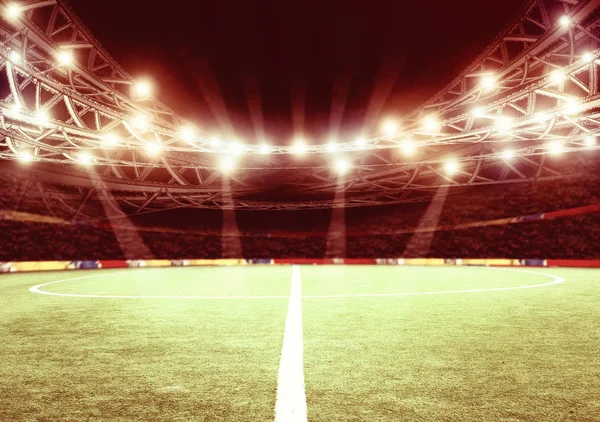 Γήπεδο ποδοσφαίρου με πράσινο γρασίδι και φώτα — Φωτογραφία Αρχείου