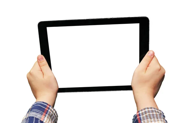 Mãos segurando tablet com tela em branco — Fotografia de Stock