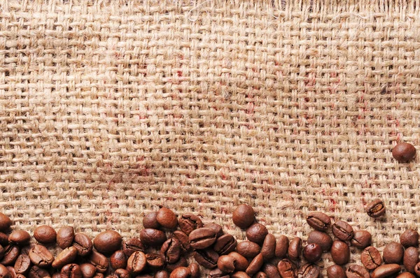 Grains de café sur une toile de jute — Photo