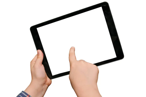 Swiping by finger on tablet screen — Stock Photo, Image