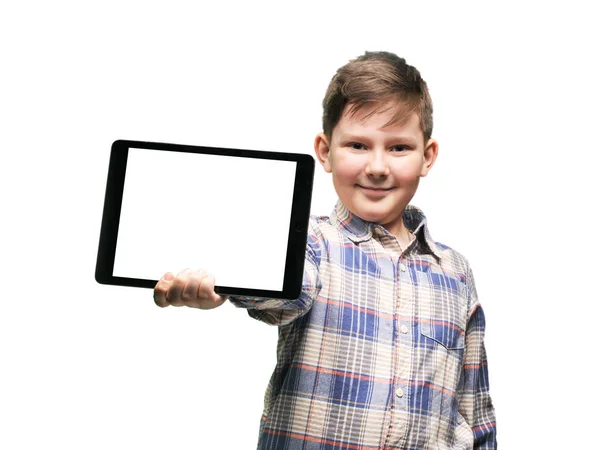 Хлопчик Великим Планшетом Білий Екран — стокове фото