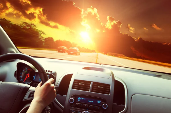 Car Dashboard Drivers Hand Black Steering Wheel Road Night Sky — Stock Photo, Image