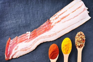 Çiğ jambon dilimleri ve tahta kaşıklar ile farklı baharatlar arduvaz levha üzerinde kuru