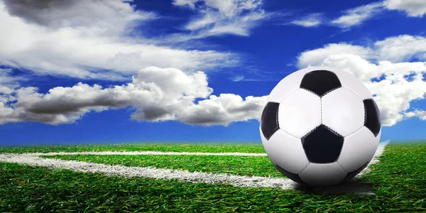 Ball Soccer Field Blue Sky Background — Stock Photo, Image