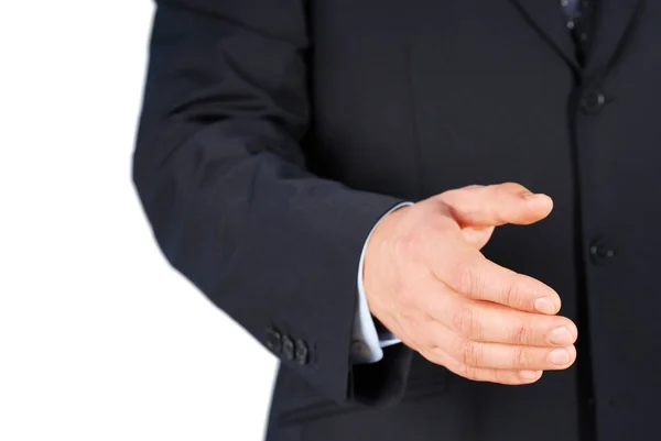 Zbliżenie Biznesmena Czarnym Garniturze Dając Się Ręka Handshake Białym Tle — Zdjęcie stockowe