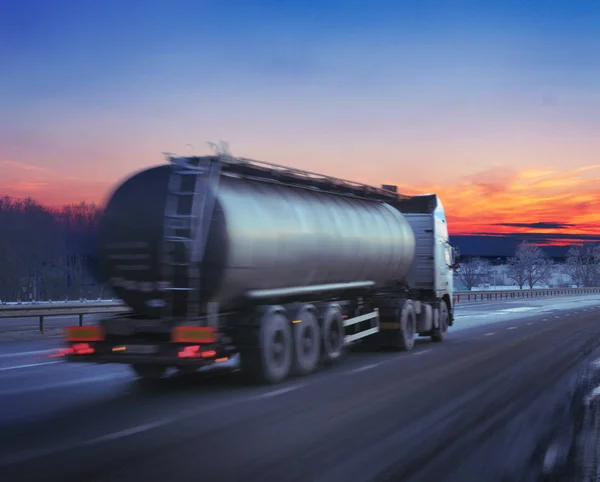 Truck Fuel Winter Highway Sunset — Stock Photo, Image