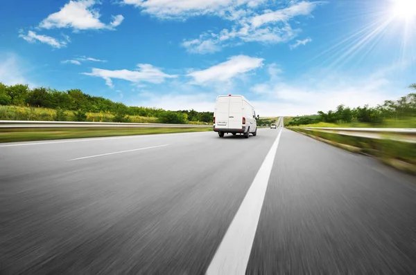 Big White Van Motion Countryside Road Shipping Goods Blue Sky — Stock Photo, Image