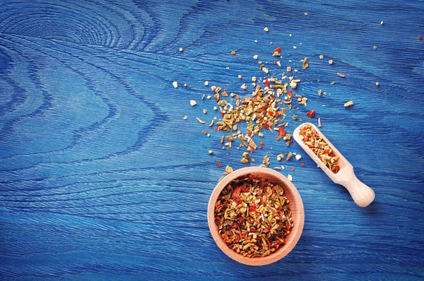 Dry Spices Wooden Bowl Spoon Dark Blue Background — Stock Photo, Image