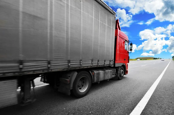 Red Truck Grey Trailer Countryside Road Blue Sky Clouds Stock Picture