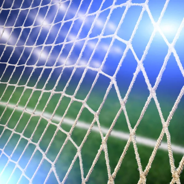 Gol Net Com Campo Futebol Verde Luzes Sobre Fundo Escuro — Fotografia de Stock