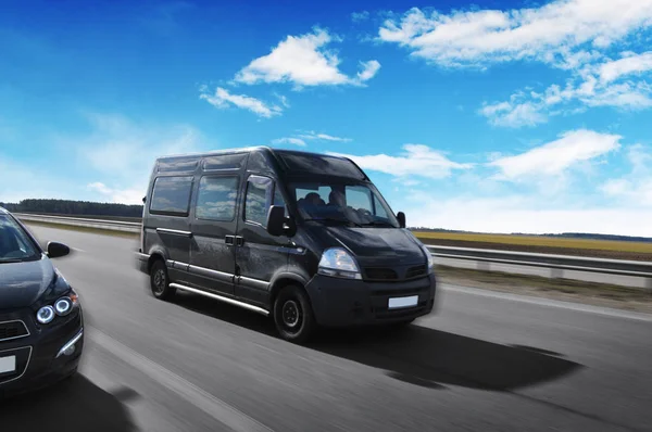 Black Van Car Driving Fast Countryside Asphalt Road Blue Sky — Stock Photo, Image