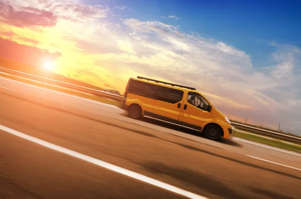 Yellow Van Car Driving Fast Countryside Asphalt Road Sky Wiith — Stock Photo, Image