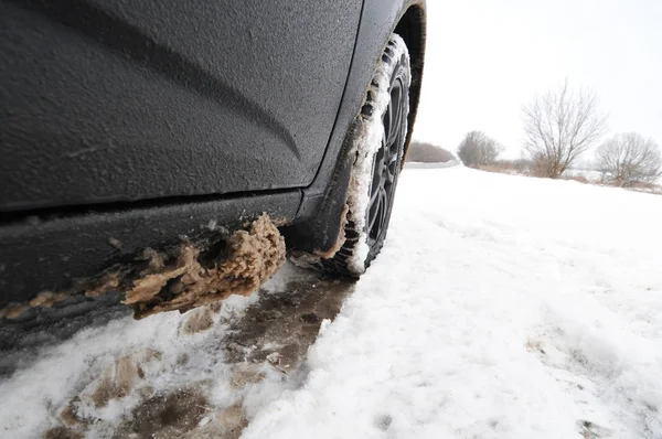 Close Black Car Snow Road White Sky — Stock Photo, Image