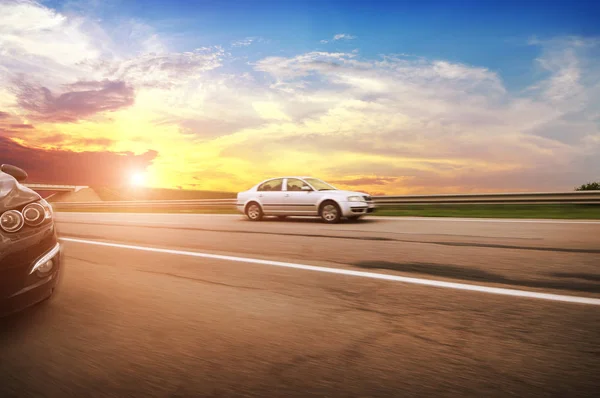 Black Silver Sedan Cars Driving Fast Countryside Asphalt Road Green — Stok fotoğraf