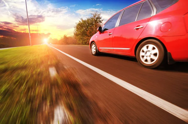 Red Hatchback Car Driving Fast Countryside Road Green Trees Bushes — Stock Photo, Image