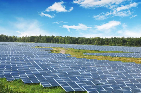 Field with solar panels with forest against sky with sky with clouds