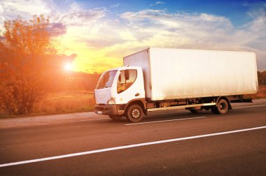 Kırsal yolda, gökyüzüne karşı yeşil ağaçlar ve çalılarla dolu beyaz bir kamyonet.