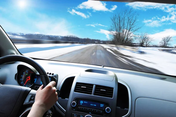 Car Dashboard Driver Hand Steering Wheel Winter Road Motion Sky — Stock Photo, Image