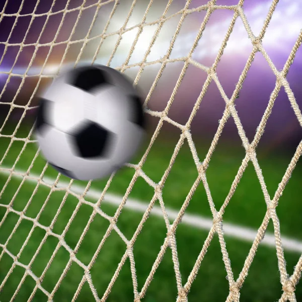 Ball Flying Goal Net Green Football Field Light Dark Background — Stock Photo, Image