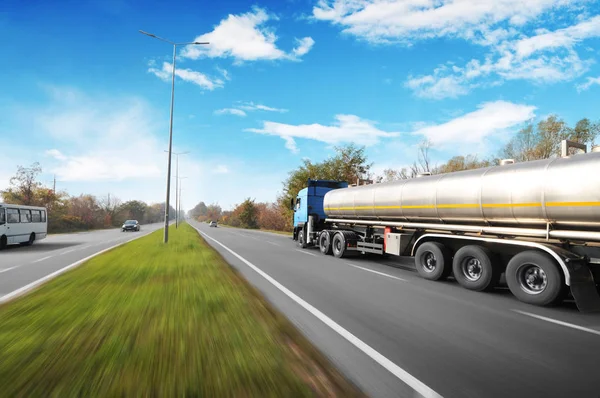 Big Metal Fuel Tanker Truck Shipping Fuel Other Cars Countryside Stock Photo