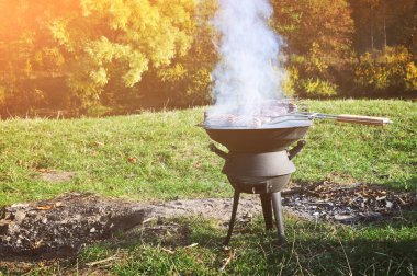 Siyah ızgarada ızgara sosis, sonbahar ormanı ve güneş ışığıyla çayırda kömür.