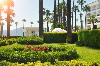 Palmiye ağaçları, yeşil çalılar ve pembe çiçeklerle dolu bir park. Dağlara karşı beyaz, modern bir otel binası ve güneş ışığı alan mavi bir gökyüzü.