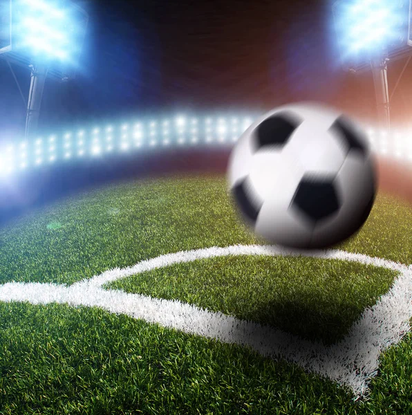 Esquina Campo Fútbol Con Bola Blanco Negro Movimiento Luces Brillantes — Foto de Stock