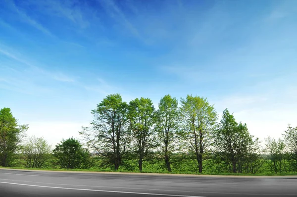 Empty Countryside Road Motion Trees Bushes Blue Sky — 스톡 사진