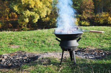 Siyah ızgarada ızgara sosis ve sonbahar ormanıyla çayırda kömür.