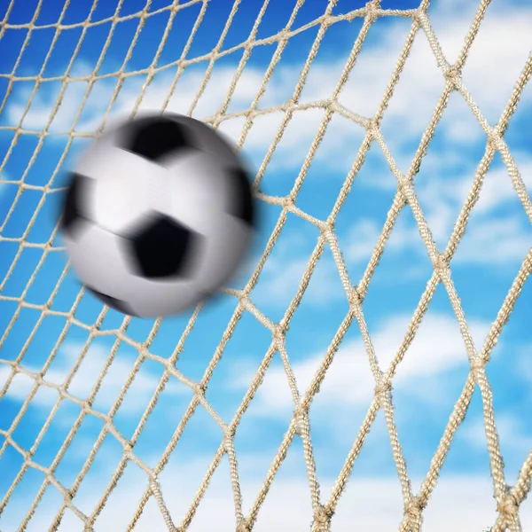 Ball Flying Goal Net Blue Sky Clouds Background — Stock Photo, Image