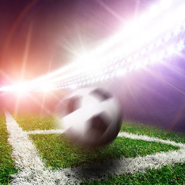 Estádio Futebol Com Bola Preta Branca Movimento Canto Campo Com — Fotografia de Stock