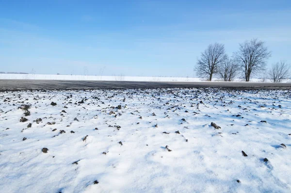Empty Winter Countryside Road Trees White Snow Blue Sky — 스톡 사진